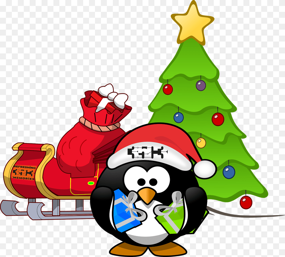 Tux Penguin Santa With Sleigh And Christmas Tree Clipart, Christmas Decorations, Festival Free Png