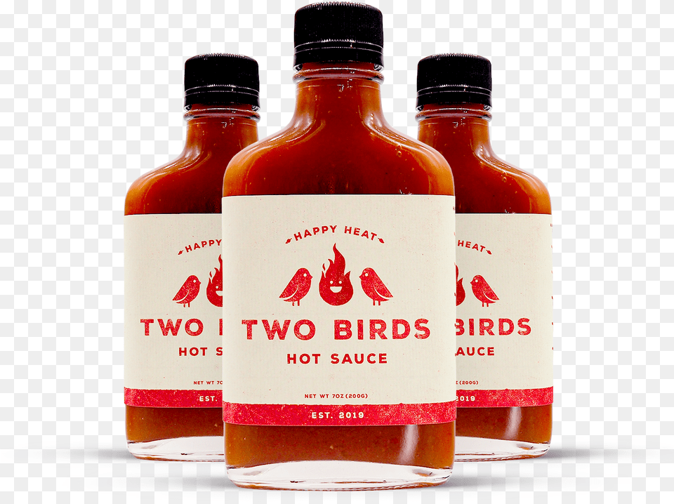 Two Birds Hot Sauce Glass Bottle, Food, Ketchup, Animal, Bird Free Png Download