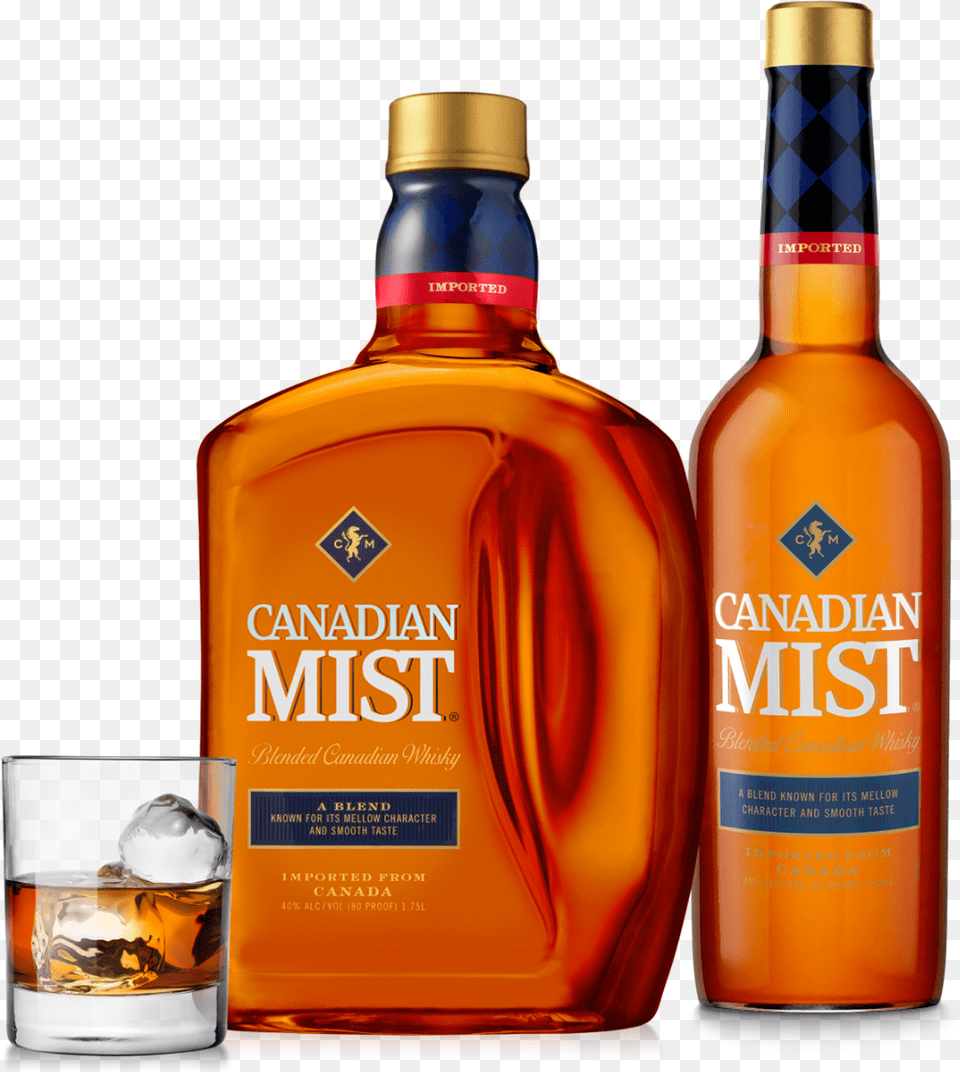 Two Bottles Of Canadian Mist Whiskey Alongside A Serving Canadian Mist Whiskey, Alcohol, Beverage, Liquor, Whisky Png Image