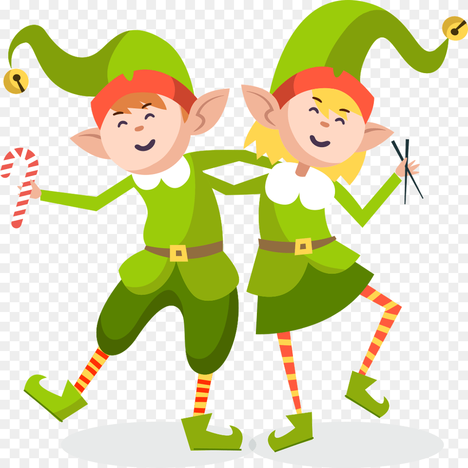 Two Christmas Elves Holding Each Other S Shoulders Two Elves Clipart, Elf, Clothing, Costume, Person Png