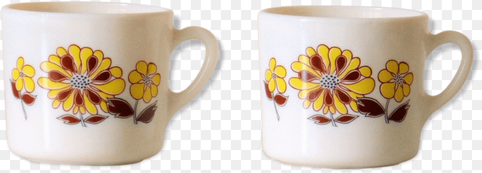 Two Cups Sovirel France Pyrex Dcor Of Flowers Vintage Coffee Cup, Art, Porcelain, Pottery, Beverage Free Transparent Png