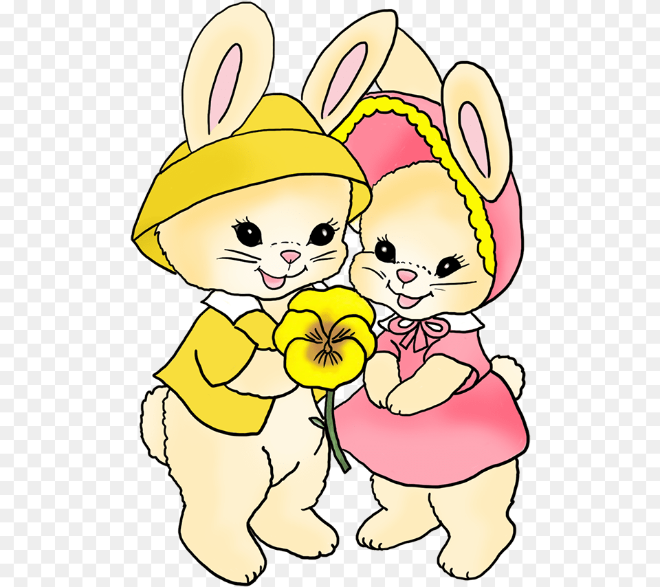 Two Easter Bunnies With Pansy Flower Cartoon, Plant, Petal, Person, Baby Free Png