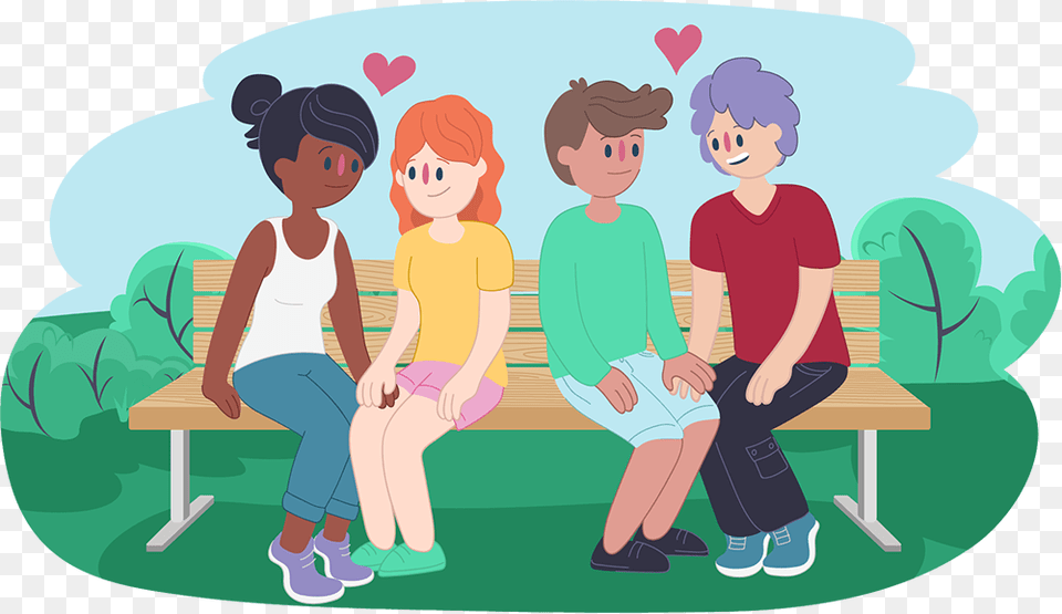 Two Girls In Love Sitting On A Bench Next To Two Boys Kids Helpline, Furniture, Boy, Child, Person Png
