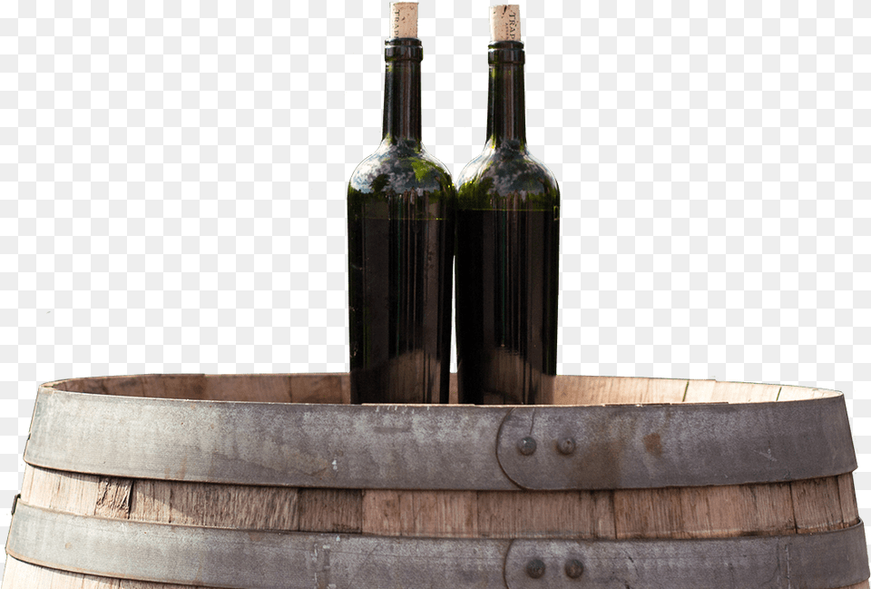 Two Green Wine Bottles Sitting On Barrell At Grapevine Wine Bottle, Alcohol, Beverage, Liquor, Wine Bottle Free Png Download