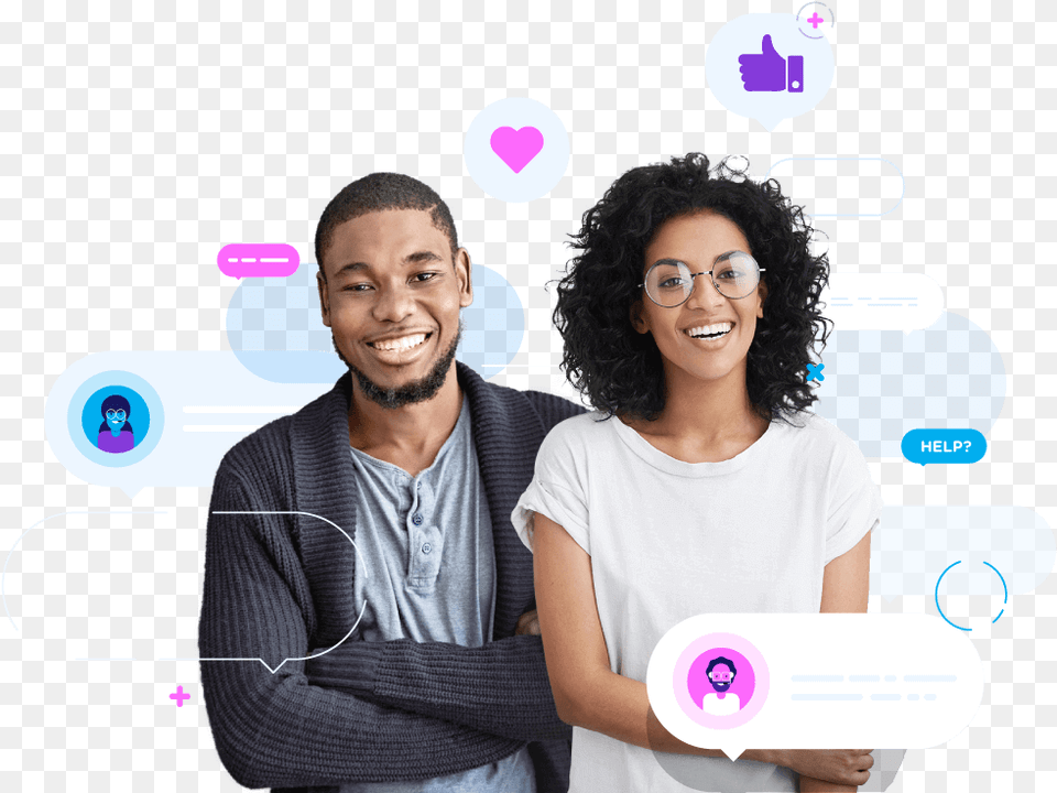 Two Helpful And Happy People Surrounded By Chat Icons Girl, Woman, Adult, Person, Female Png Image
