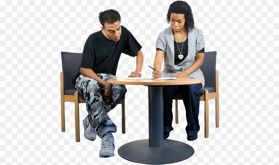 Two People Sitting At A Desk Going Through An Ndis People Sitting At Table, Person, Furniture, Adult, Man Free Transparent Png