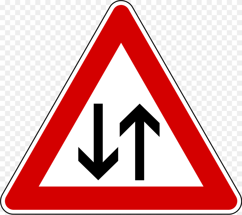 Two Way Traffic Ahead Sign In Slovenia Clipart, Symbol, Road Sign, Dynamite, Weapon Free Png Download