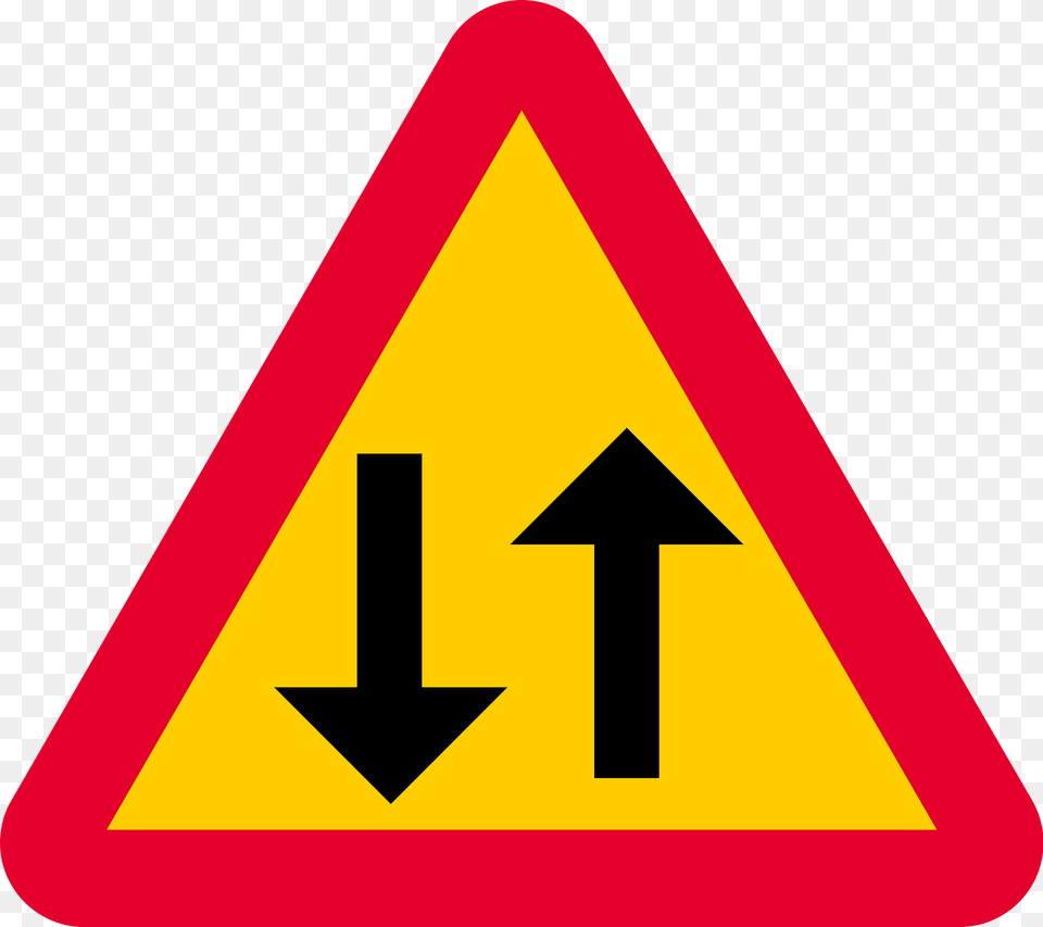 Two Way Traffic Ahead Sign In Sweden Clipart, Symbol, Road Sign, Dynamite, Weapon Free Transparent Png