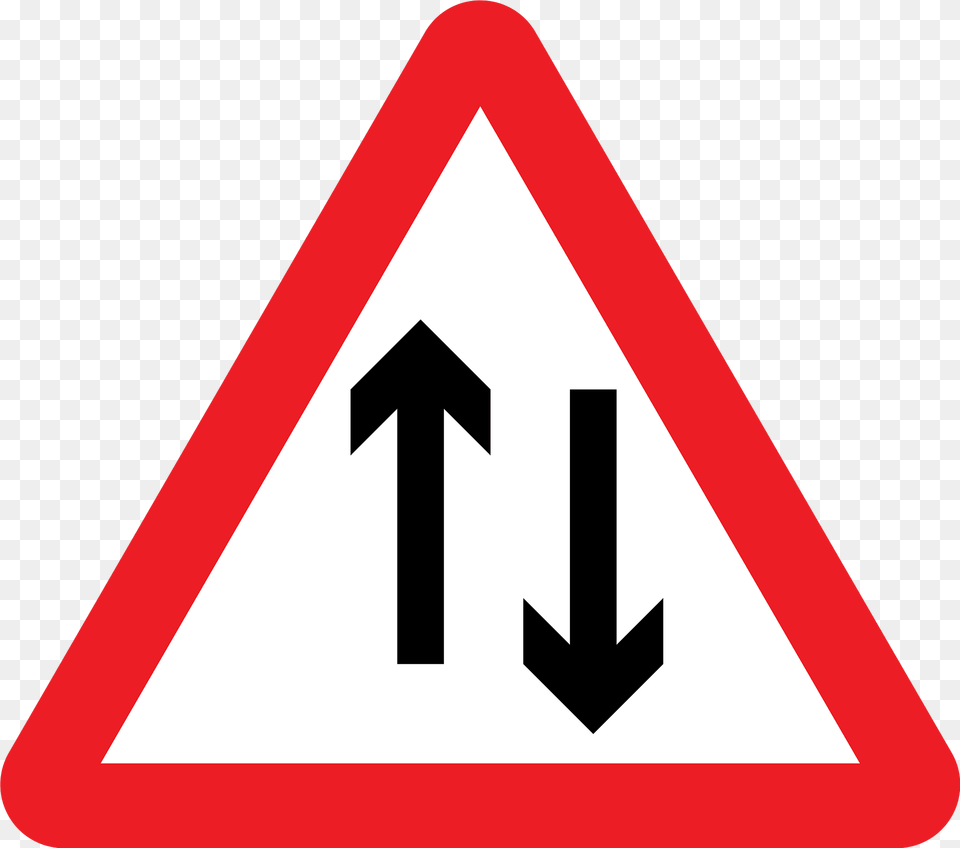 Two Way Traffic Ahead Sign In Uk Clipart, Symbol, Road Sign, Dynamite, Weapon Png Image