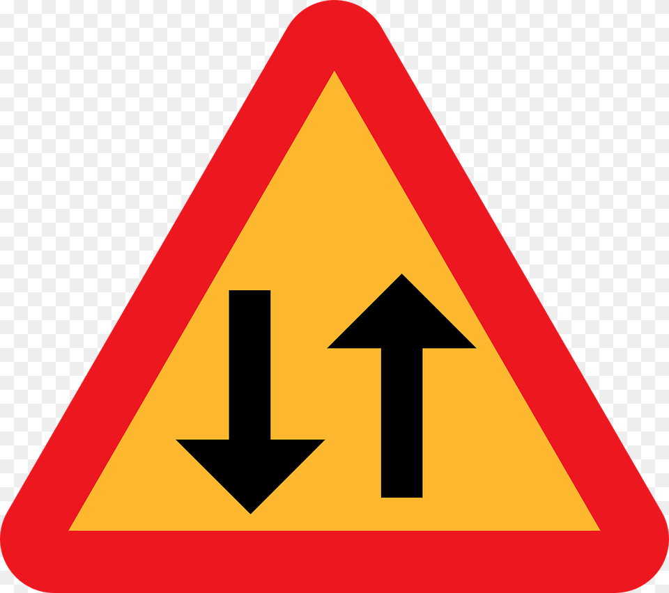 Two Way Traffic Straight Ahead Caution Sign Road Sign, Symbol, Road Sign, Dynamite, Weapon Png Image