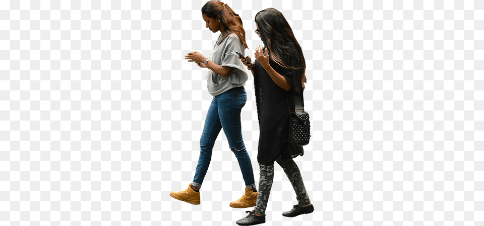 Two Women Walking With Their Cell Phones Completely Wrapped Up, Accessories, Pants, Handbag, Clothing Png