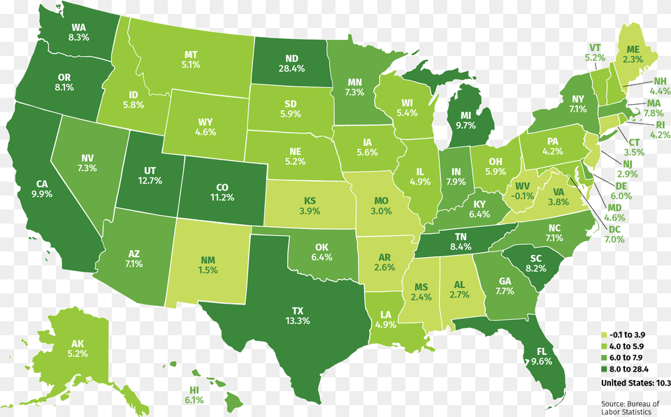 U S Map Percent Change In Employment United States Population 2018, Chart, Plot, Green, Neighborhood Png