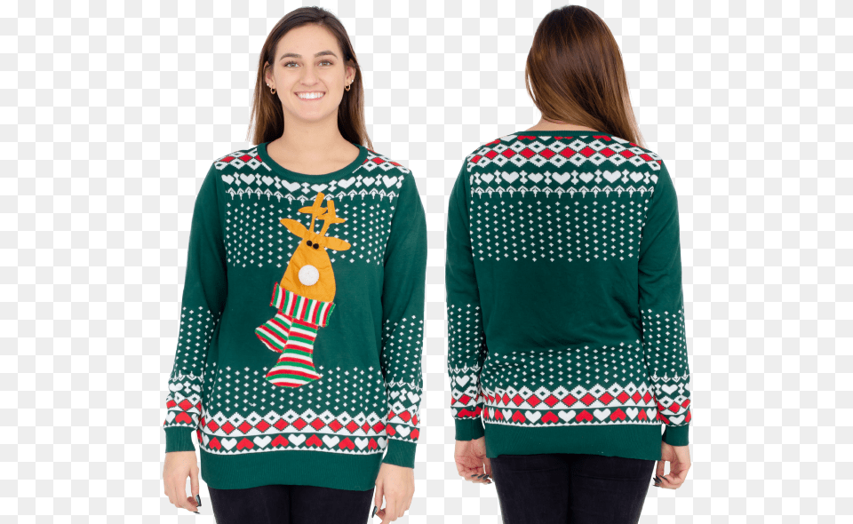 Ugly Christmas Sweater Rudolph Flashing Light Red Nose Reindeer Adult Green Long Sleeve, Sweatshirt, Person, Knitwear, Hoodie Free Png Download