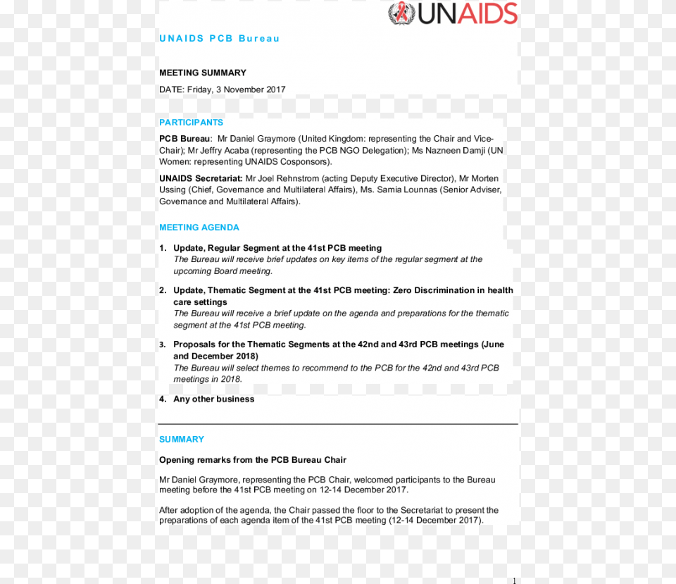 Unaids Pcb Bureau 3 November Joint United Nations Programme On Hivaids, Page, Text Free Png