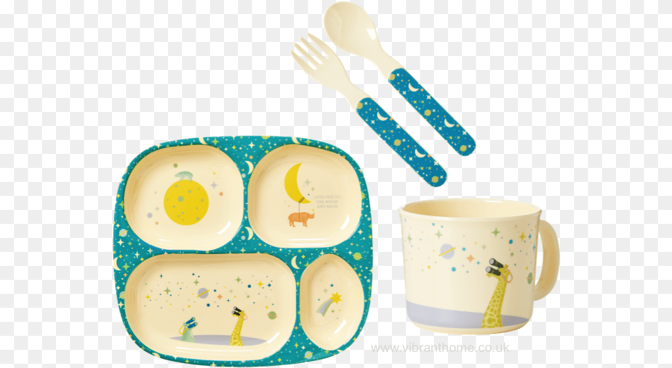 Universe Blue Print Baby 4 Piece Melamine Dinner Set Rice Kinderteller, Spoon, Cutlery, Fork, Cup Png Image