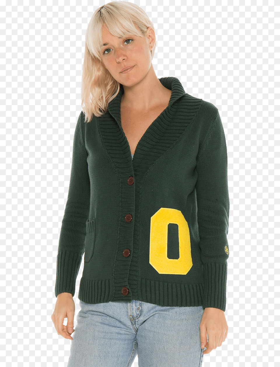 University Of Oregon Ducks Women39s Letterman Cardigan Cardigan, Adult, Sweater, Person, Knitwear Png