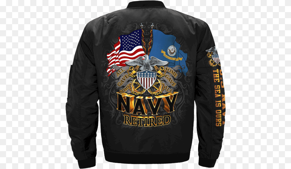 Us Navy Retired Over Print Jacket Navy Long Sleeve Double Flag Eagle Shield Navy Medium, Clothing, Coat, Long Sleeve, Animal Free Png