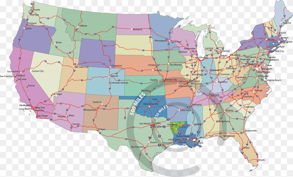 Us Radius Map Us Map With Cities And Interstates, Chart, Plot, Atlas, Diagram Png Image