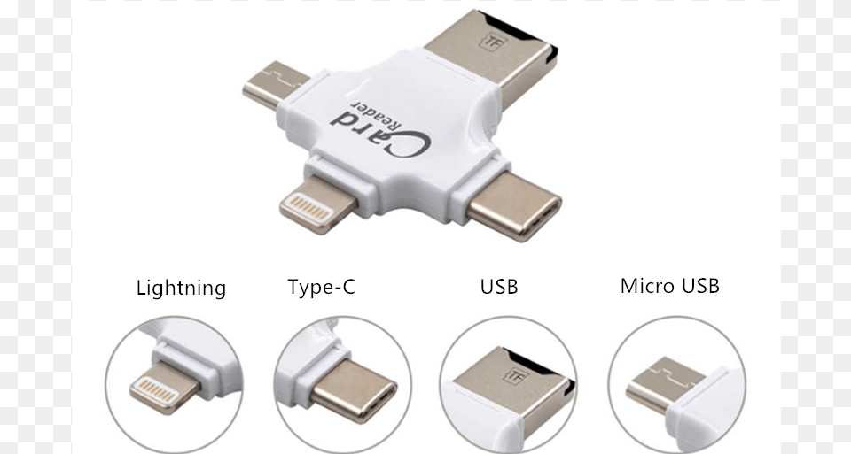 Usb 4 In 1 Card Reader Hub With Type C Lighting And Usb Type C Mini Micro Lightning, Adapter, Electronics Free Png Download