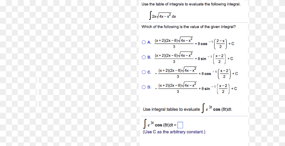 Use The Table Of Integrals To Evaluate The Following, Text, Document, Mathematical Equation Png Image