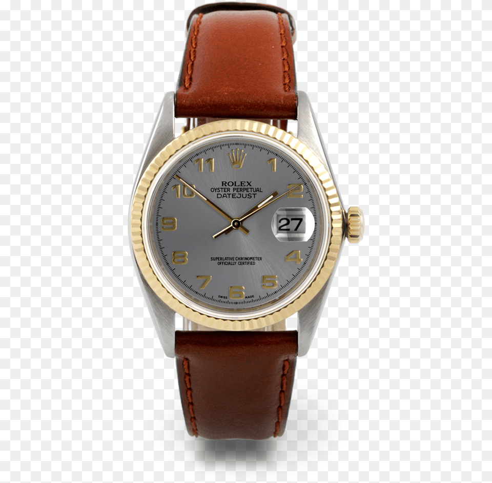 Used Rolex Men39s Two Tone Datejust Watch Gold Rolex Datejust Leather Strap, Arm, Body Part, Person, Wristwatch Free Png Download