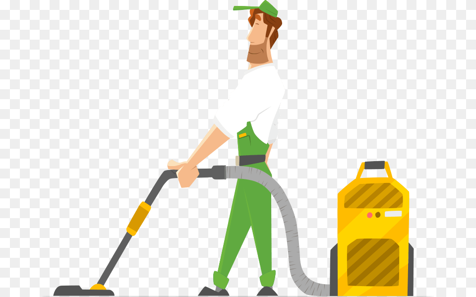 Vacuum Transparent Janitor Cleaning Worker Cartoon Transparent, Person, Boy, Child, Male Png Image