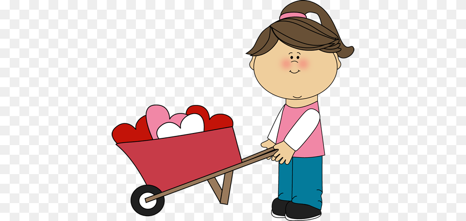 Valentines Day Clip Art Free Girl Pushing Wheelbarrow Of Hearts, Baby, Person, Cleaning, Face Png Image