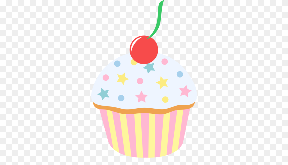 Vanilla Sprinkled Cupcake With Cherry Stone Painting, Cake, Cream, Dessert, Food Free Png