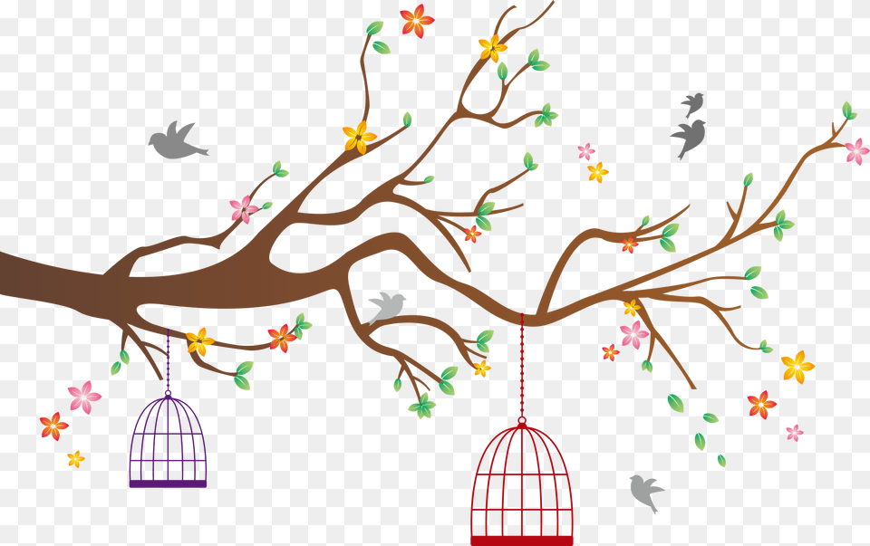 Vector Branch With Birdcage Birdcage With Flowers Vector, Art Png Image