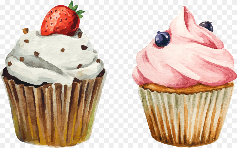 Vector Cupcakes Watercolor Cupcake Watercolor, Dessert, Cake, Cream, Food Png Image