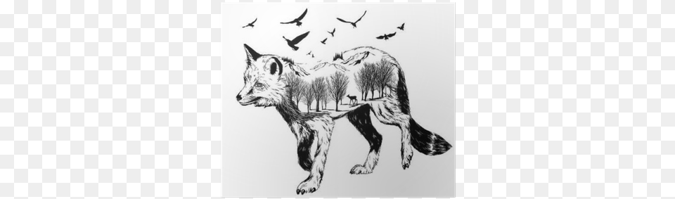Vector Double Exposure Silhouette Of Fox Poster Silueta De Un Zorro, Art, Drawing, Animal, Bird Free Transparent Png