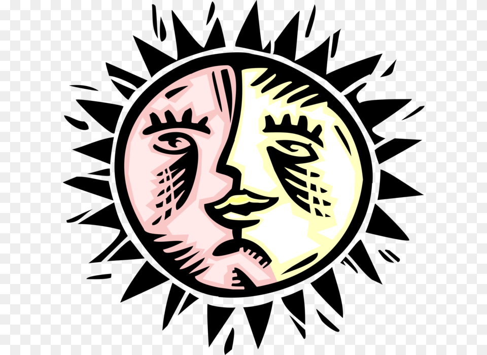 Vector Illustration Of Anthropomorphic Sun Face Xilogravura Sol E Lua, Art, Person, Head Free Transparent Png