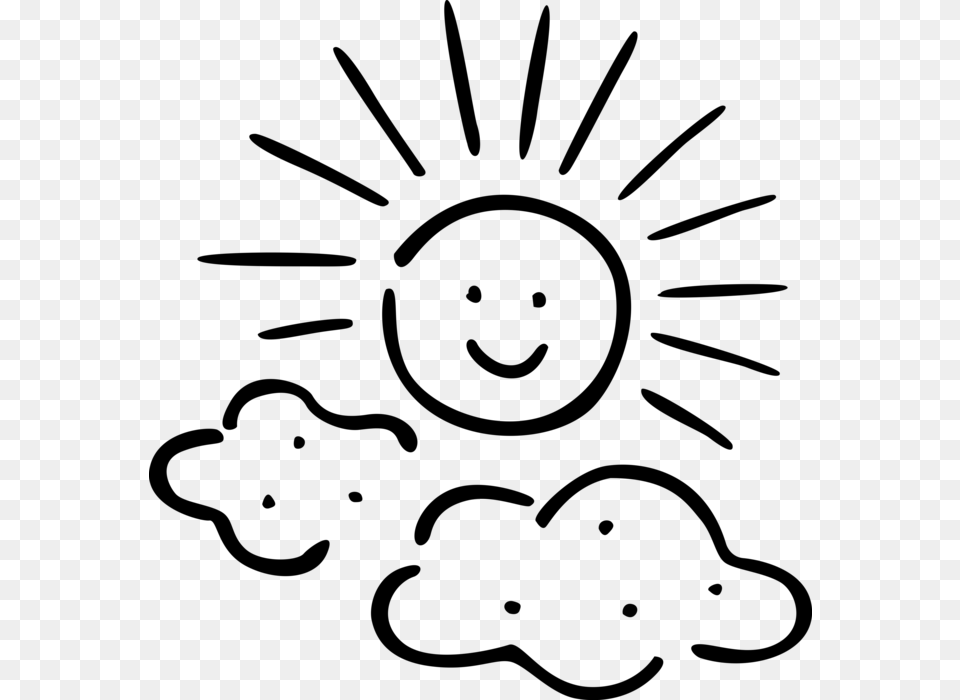 Vector Illustration Of Anthropomorphic Sun With Clouds Smile Sun Black, Gray Png Image