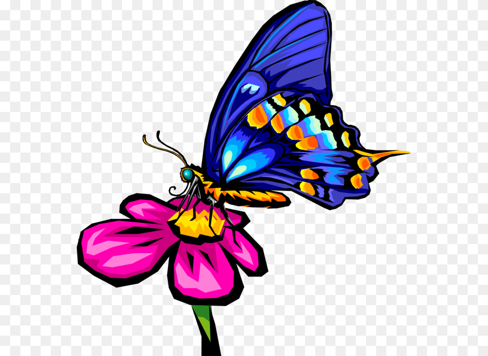 Vector Illustration Of Blue Butterfly Winged Insect Pink Flower With Butterfly Clipart, Purple, Plant, Daisy, Petal Free Png Download