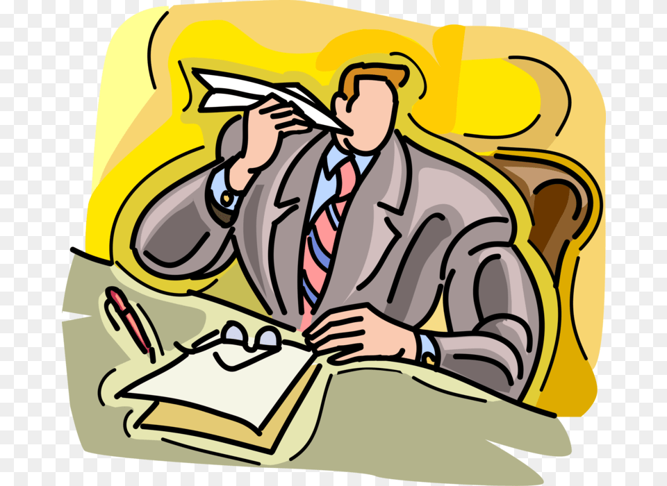 Vector Illustration Of Bored Businessman Makes Paper, Reading, Clothing, Coat, Person Png Image