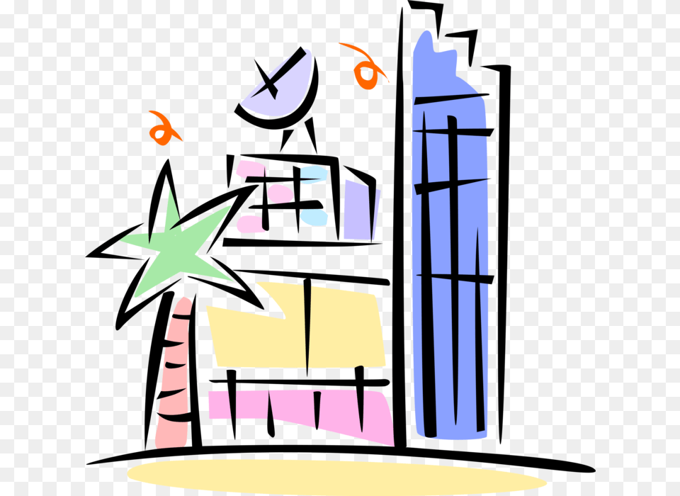 Vector Illustration Of Building With Satellite Dish, Symbol Png Image