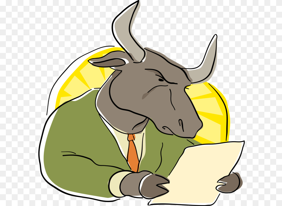 Vector Illustration Of Business Wall Street Bull Reading Reading Bull, Baby, Person, Animal, Mammal Free Png