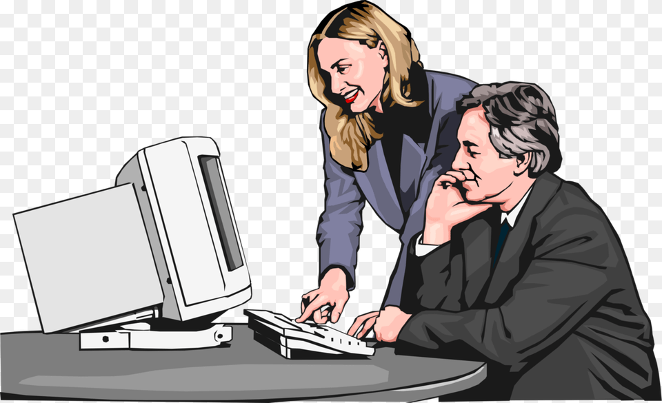 Vector Illustration Of Businessman And Woman At Computer Illustration, Adult, Person, Female, Male Free Png Download