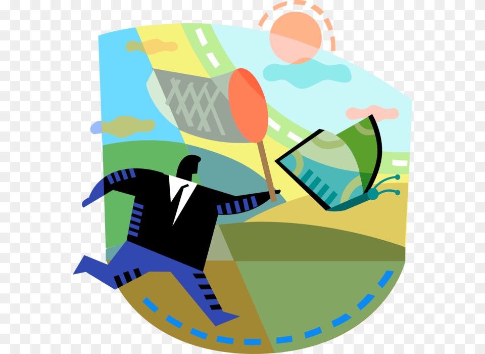 Vector Illustration Of Businessman Chases Elusive Financial, Art Png Image