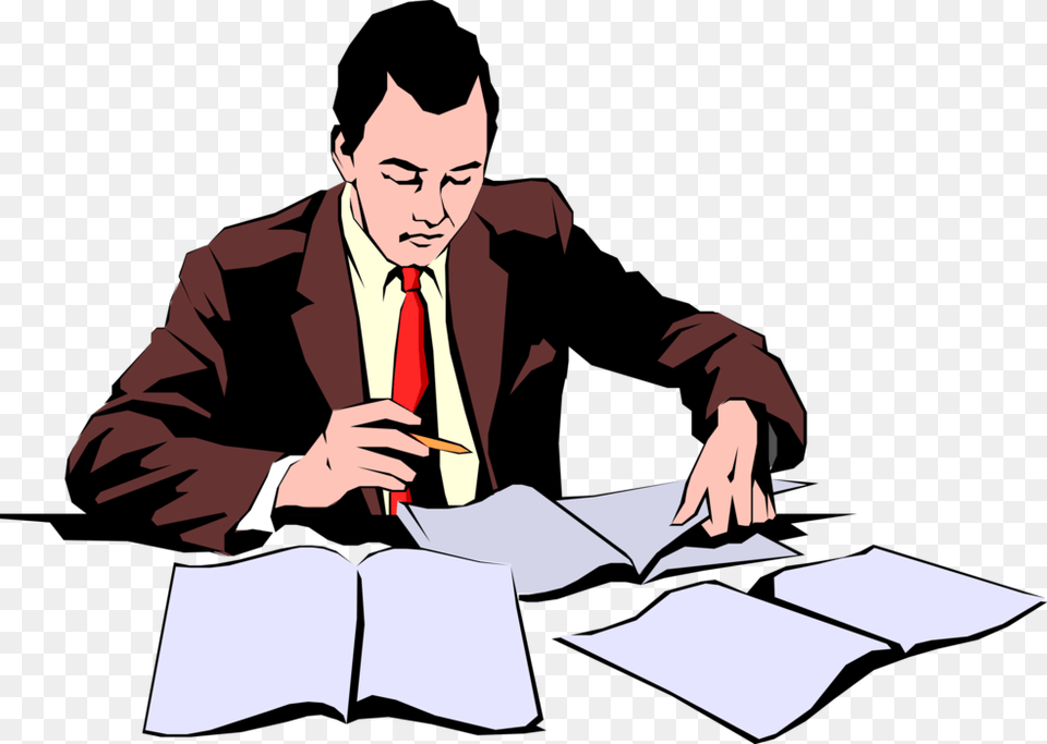 Vector Illustration Of Businessman Reviewing Documents Clip Art Reviewing Documents, Accessories, Tie, Formal Wear, Male Free Transparent Png
