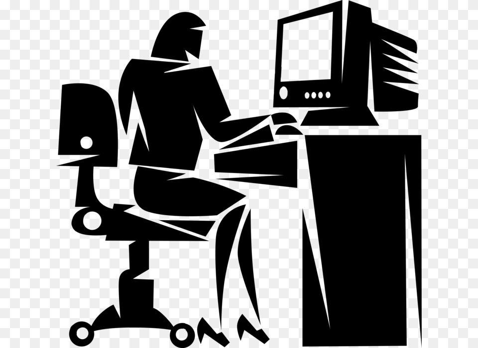 Vector Illustration Of Businesswoman Working At Desk, Gray Png Image