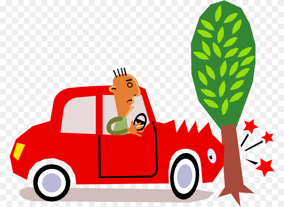 Vector Illustration Of Car Motorist Driver Has Accident Car Crash Into Tree Cartoon, Vehicle, Truck, Transportation, Pickup Truck Free Transparent Png