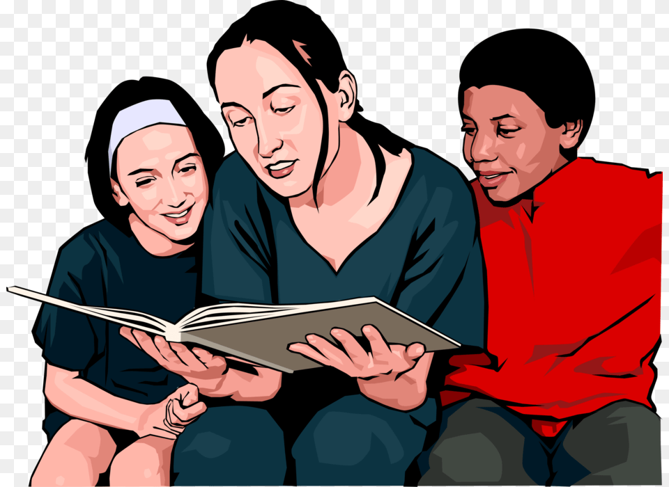 Vector Illustration Of Children With Teacher Reading Mulher Com Filhos, Adult, Person, Woman, Female Free Png Download