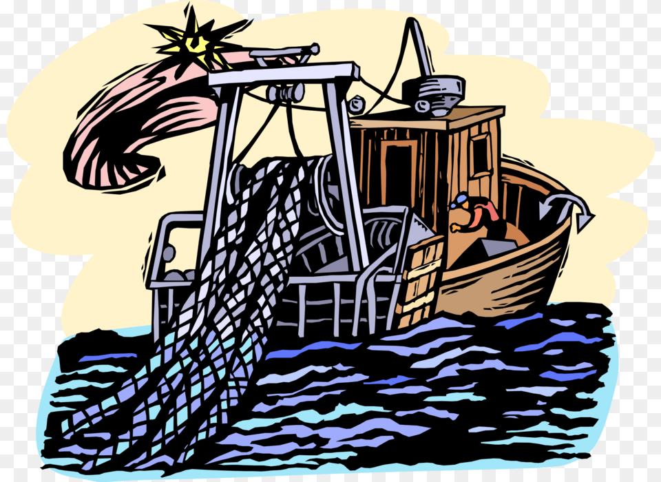Vector Illustration Of Commercial Fishing Trawler Boat Illustration, Machine, Person, Baby, Bulldozer Png Image