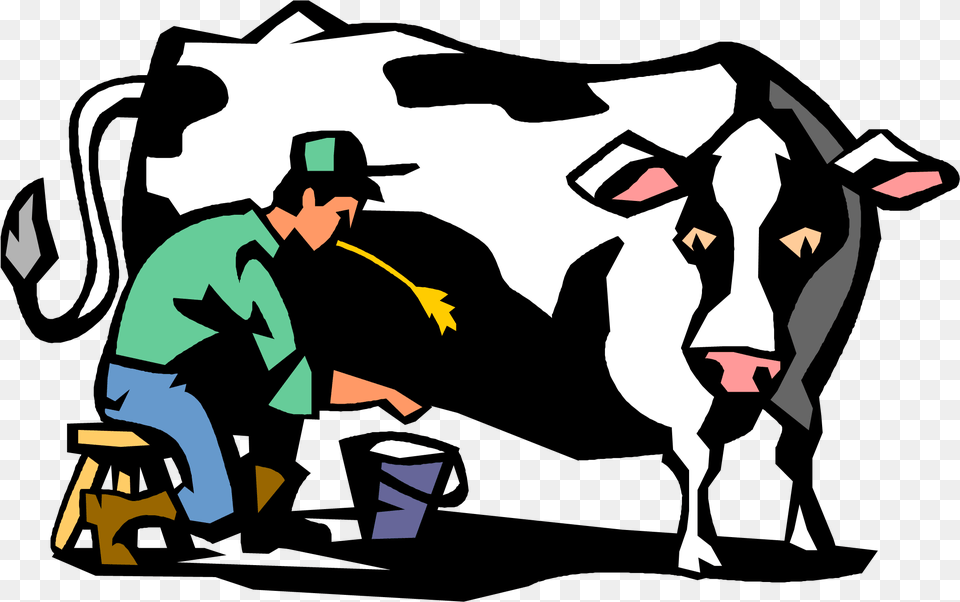 Vector Illustration Of Dairy Farmer Milking Holstein Farmer Milking Cow Clipart, Dairy Cow, Animal, Cattle, Mammal Free Png Download