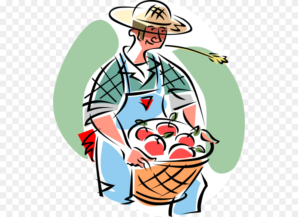 Vector Illustration Of Farmer With Apple Orchard Harvest Agriculture Cartoon, Clothing, Hat, Adult, Person Free Png Download