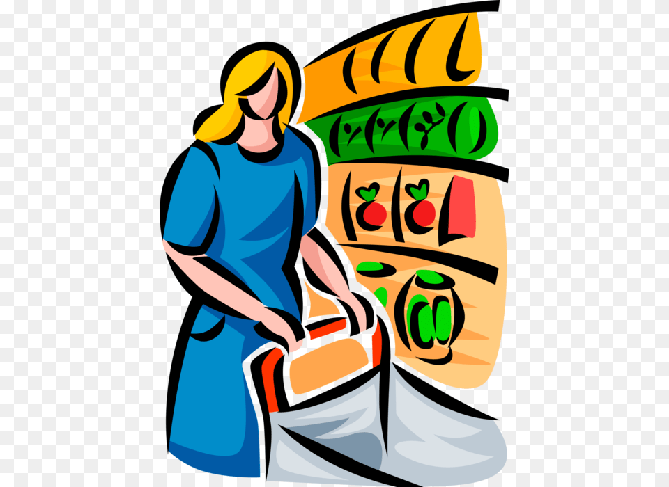Vector Illustration Of Food Shopper With Shopping Cart Shopping Supermarket Clipart, Person Free Png