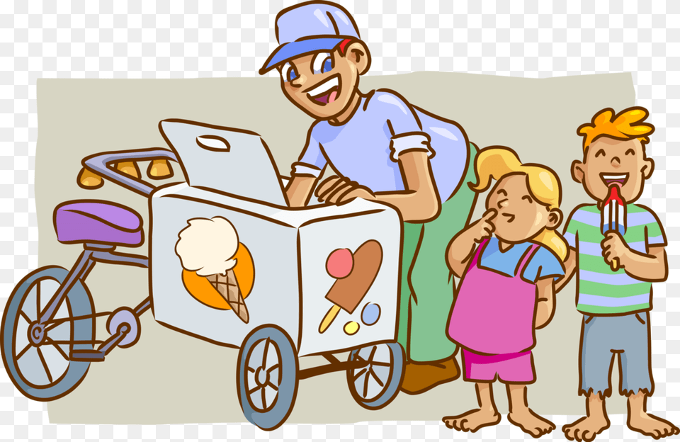 Vector Illustration Of Gelato Ice Cream Bicycle Vendor Ice Cream Vendor Clipart, Baby, Person, Machine, Wheel Free Png Download