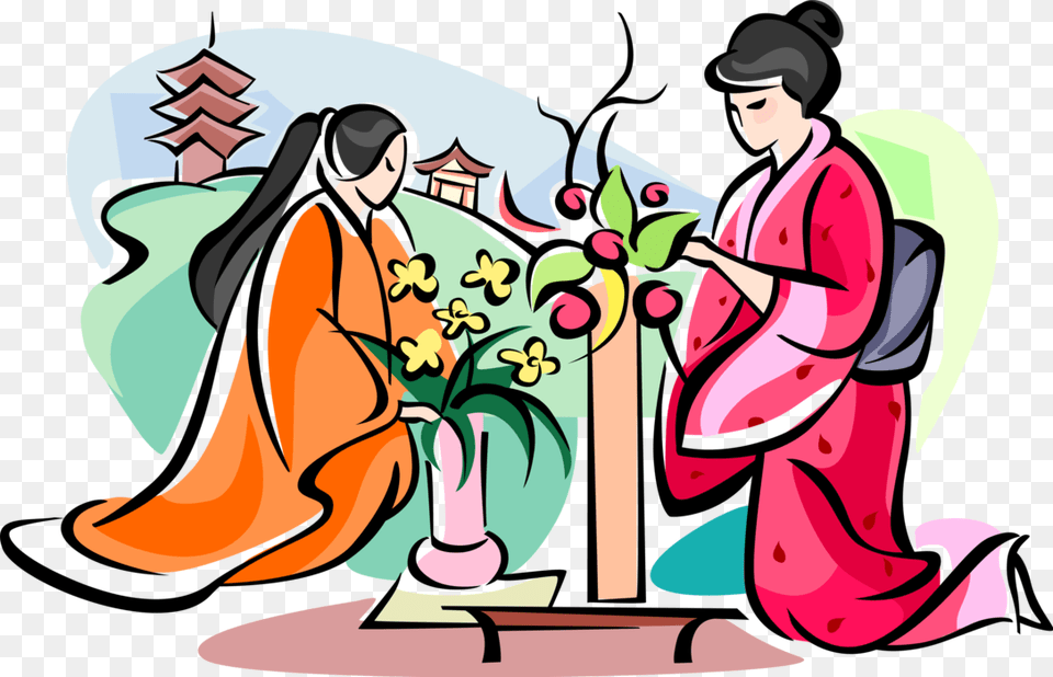 Vector Illustration Of Ikebana Japanese Art Of Flower Ikebana Clipart, Clothing, Dress, Fashion, Person Png