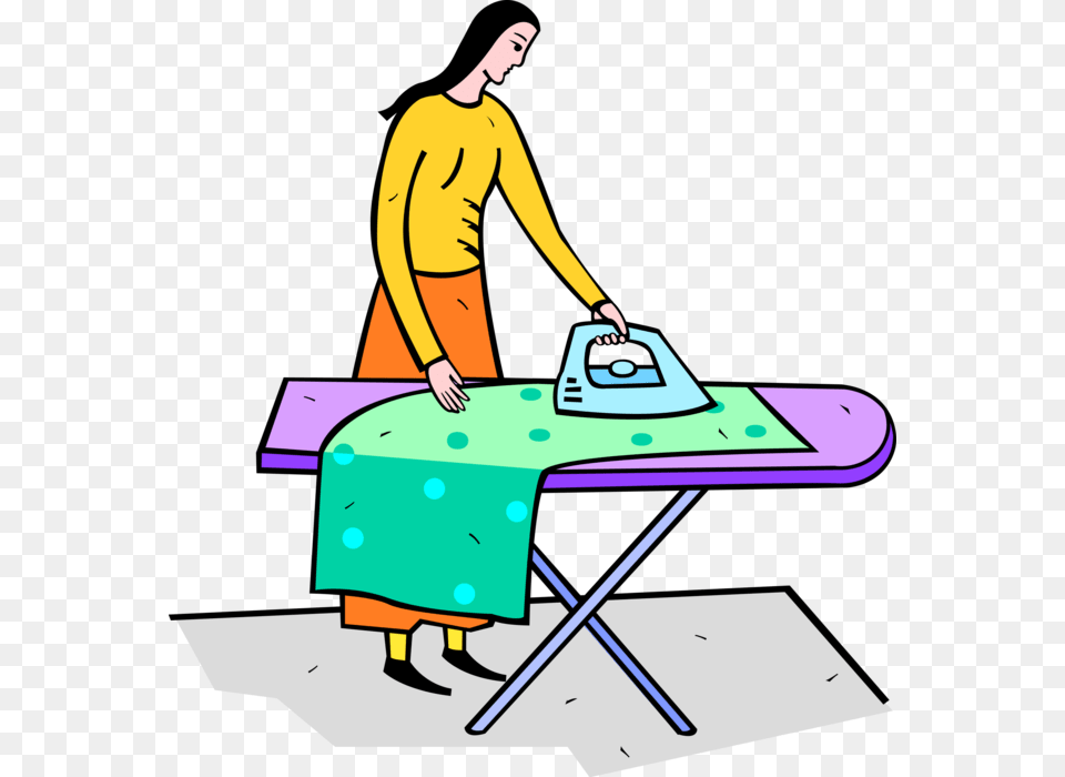 Vector Illustration Of Ironing Clothes With Electric Iron And Ironing Board Clipart, Adult, Person, Woman, Female Free Png